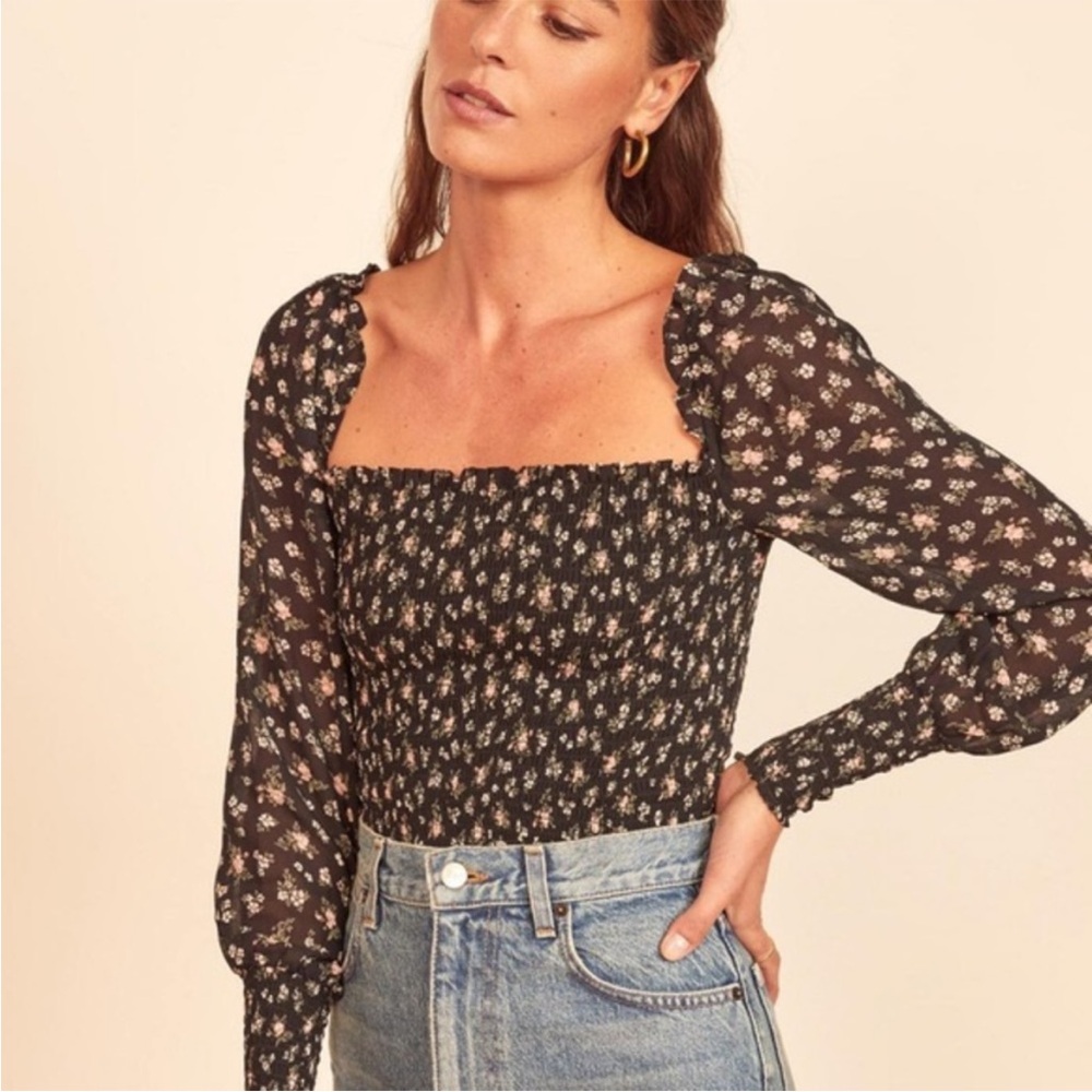 Reformation Pinto Smocked Floral Print Top Black Freesia Women's Size La…